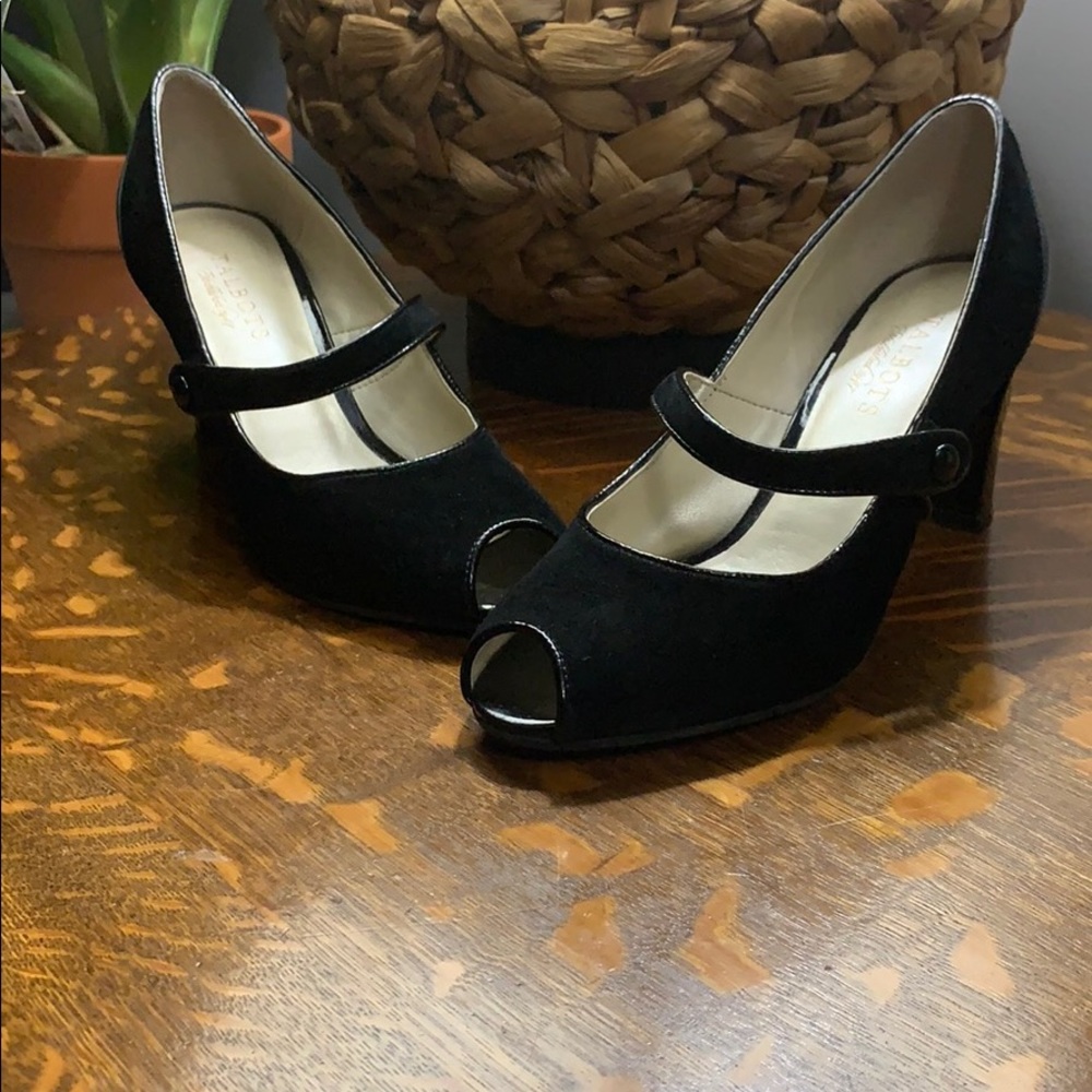 Talbots suede and patent leather peek-a-boo heels